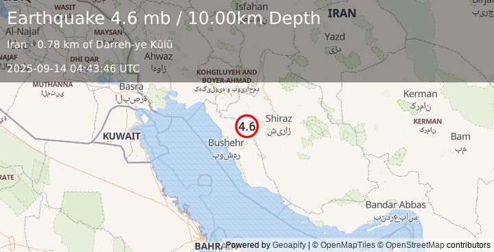 Earthquake 15 km WSW of Kāzerūn, Iran (4.6 mb) (2025-09-14 04:43:46 UTC)