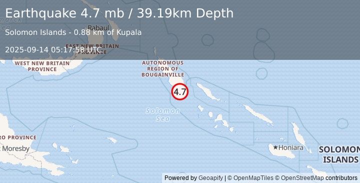 Earthquake 81 km SSE of Panguna, Papua New Guinea (4.7 mb) (2025-09-14 05:17:58 UTC)