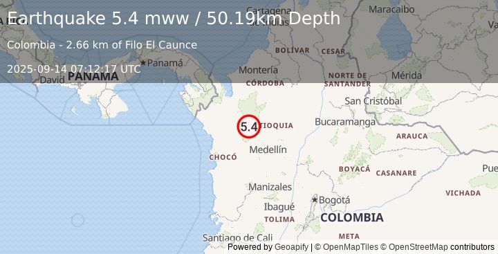 Earthquake 5 km N of Uramita, Colombia (5.4 mww) (2025-09-14 07:12:17 UTC)