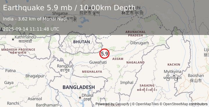 Earthquake 10 km NNE of Khārupatia, India (5.5 mww) (2025-09-14 11:11:51 UTC)