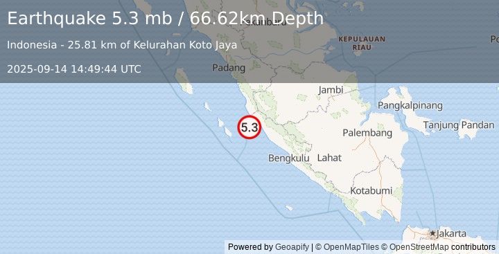 Earthquake 93 km SSW of Sungai Penuh, Indonesia (5.3 mb) (2025-09-14 14:49:44 UTC)