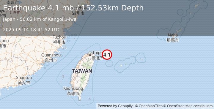 Earthquake 69 km NNW of Yonakuni, Japan (4.1 mb) (2025-09-14 18:41:52 UTC)