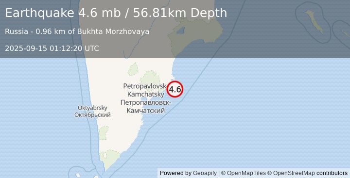 Earthquake 92 km ENE of Petropavlovsk-Kamchatsky, Russia (4.6 mb) (2025-09-15 01:12:20 UTC)