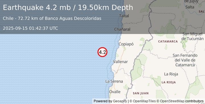 Earthquake 154 km WNW of Vallenar, Chile (4.2 mb) (2025-09-15 01:42:37 UTC)