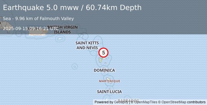 Earthquake 28 km NNE of Anse-Bertrand, Guadeloupe (5.0 mww) (2025-09-15 09:16:21 UTC)