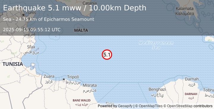 Earthquake 229 km SE of Birżebbuġa, Malta (5.1 mww) (2025-09-15 09:55:12 UTC)