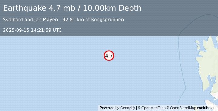 Earthquake 284 km WNW of Longyearbyen, Svalbard and Jan Mayen (4.7 mb) (2025-09-15 14:21:59 UTC)