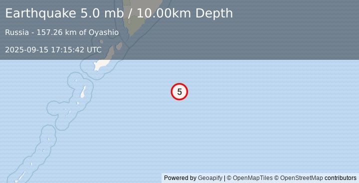 Earthquake 247 km SE of Severo-Kuril’sk, Russia (5.0 mb) (2025-09-15 17:15:42 UTC)