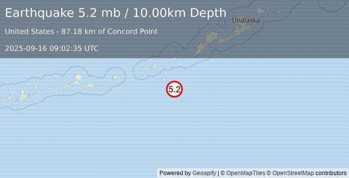 Earthquake 122 km SSW of Nikolski, Alaska (5.2 mb) (2025-09-16 09:02:35 UTC)