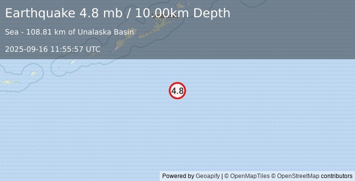 Earthquake 227 km S of Unalaska, Alaska (4.8 mb) (2025-09-16 11:55:57 UTC)