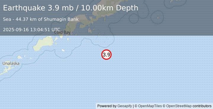 Earthquake 138 km SSE of Sand Point, Alaska (3.9 mb) (2025-09-16 13:04:51 UTC)