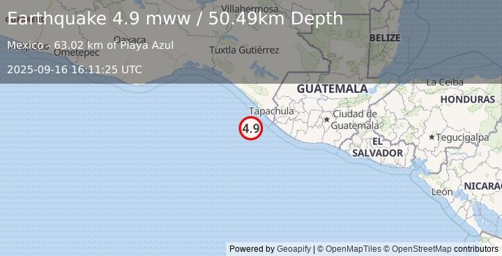 Earthquake 64 km SW of Puerto Madero, Mexico (4.9 mww) (2025-09-16 16:11:25 UTC)