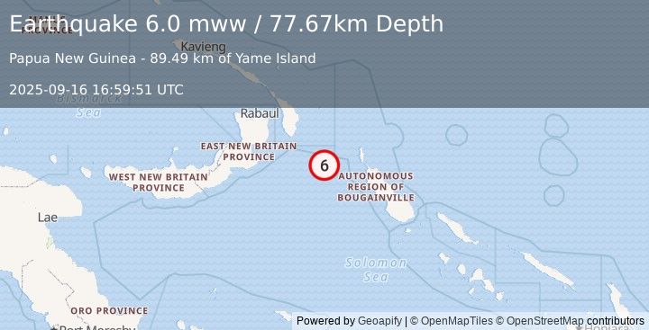 Earthquake 206 km SE of Kokopo, Papua New Guinea (6.0 mww) (2025-09-16 16:59:51 UTC)