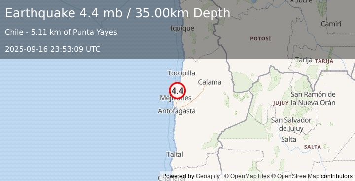 Earthquake 33 km NNE of Mejillones, Chile (4.4 mb) (2025-09-16 23:53:09 UTC)