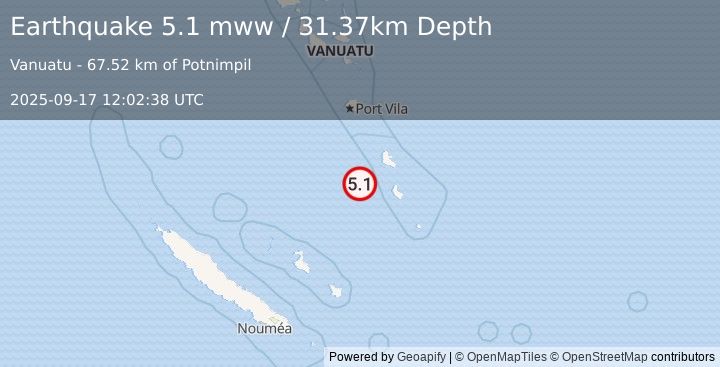 Earthquake 82 km WNW of Isangel, Vanuatu (5.1 mww) (2025-09-17 12:02:38 UTC)