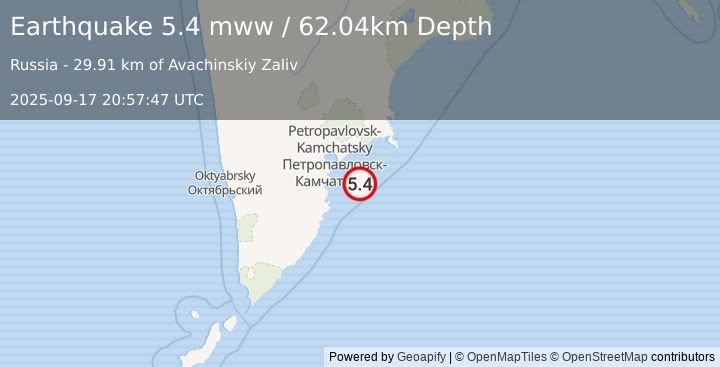 Earthquake 60 km SE of Petropavlovsk-Kamchatsky, Russia (5.4 mww) (2025-09-17 20:57:47 UTC)