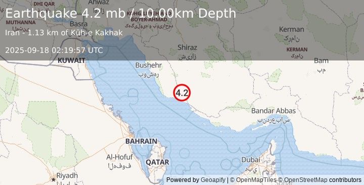 Earthquake 78 km NW of Mohr, Iran (4.2 mb) (2025-09-18 02:19:57 UTC)
