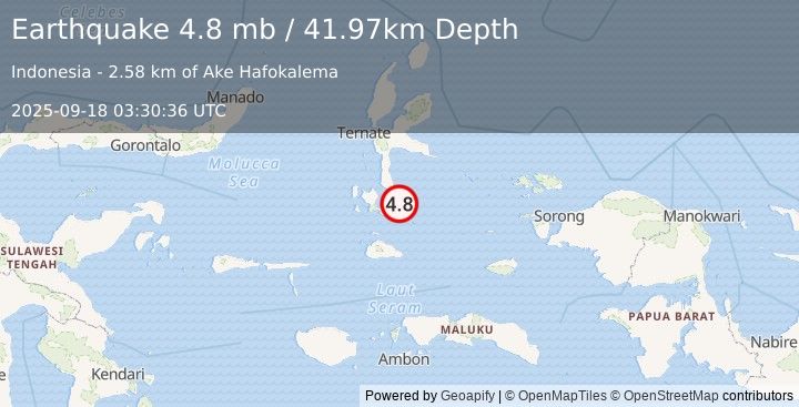 Earthquake 68 km E of Labuha, Indonesia (4.8 mb) (2025-09-18 03:30:36 UTC)