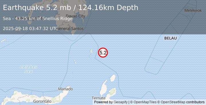 Earthquake 280 km ESE of Sarangani, Philippines (5.2 mb) (2025-09-18 03:47:32 UTC)