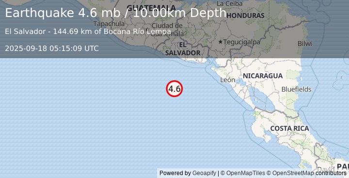 Earthquake 161 km SSW of Puerto El Triunfo, El Salvador (4.6 mb) (2025-09-18 05:15:09 UTC)