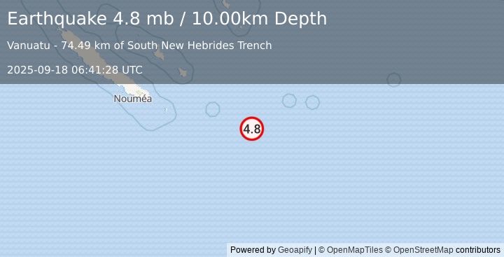 Earthquake 280 km E of Vao, New Caledonia (4.8 mb) (2025-09-18 06:41:28 UTC)