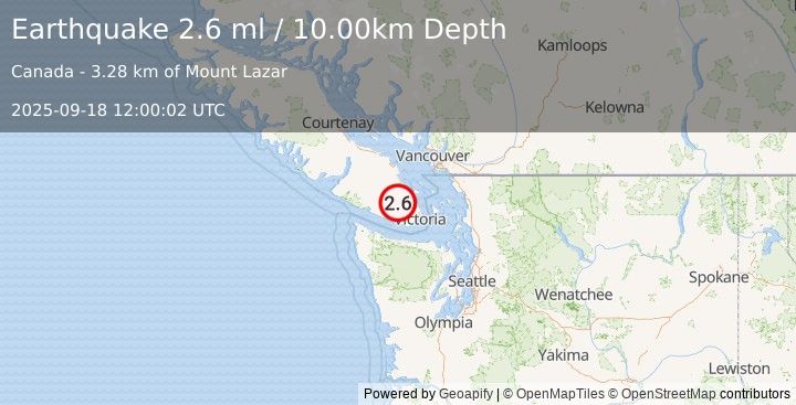 Earthquake 16 km SW of Cowichan Bay, Canada (2.6 ml) (2025-09-18 12:00:02 UTC)