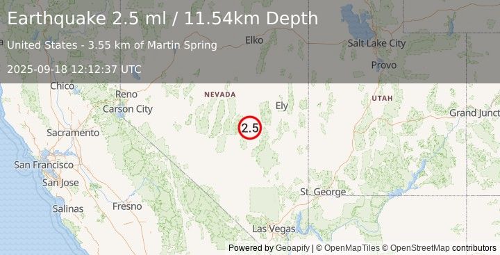 Earthquake 76 km WSW of Preston, Nevada (2.5 ml) (2025-09-18 12:12:37 UTC)