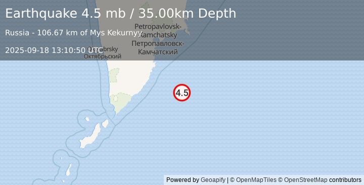 Earthquake 173 km SSE of Vilyuchinsk, Russia (4.5 mb) (2025-09-18 13:10:50 UTC)