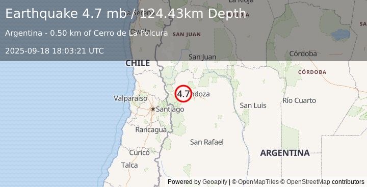 Earthquake 47 km W of Mendoza, Argentina (4.7 mb) (2025-09-18 18:03:21 UTC)