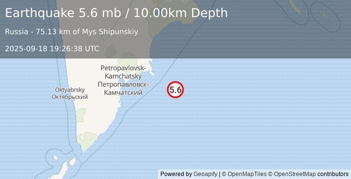 Earthquake 163 km ESE of Petropavlovsk-Kamchatsky, Russia (5.6 mb) (2025-09-18 19:26:38 UTC)