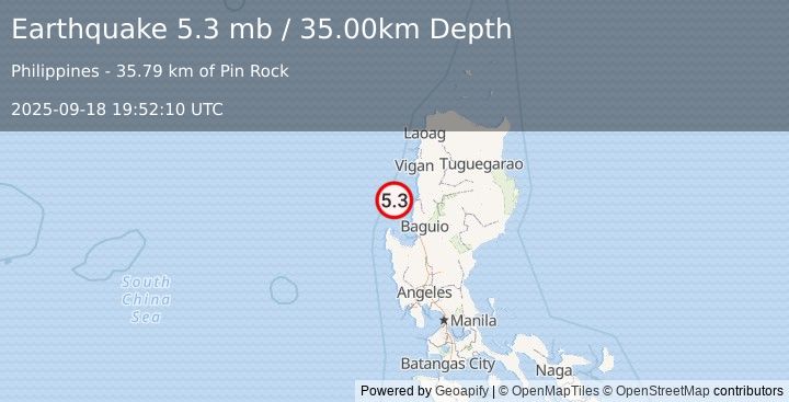 Earthquake 42 km WNW of Bacnotan, Philippines (5.3 mb) (2025-09-18 19:52:10 UTC)