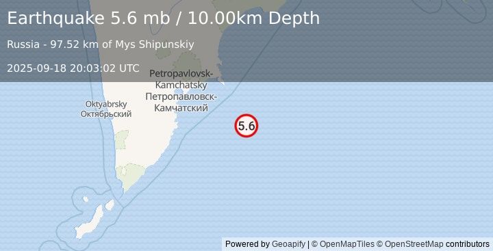 Earthquake 164 km ESE of Petropavlovsk-Kamchatsky, Russia (5.6 mb) (2025-09-18 20:03:02 UTC)