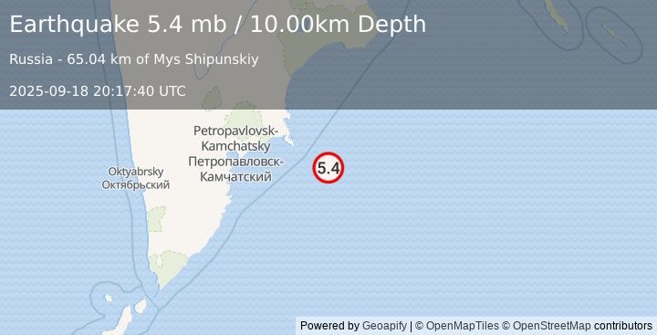 Earthquake 154 km ESE of Petropavlovsk-Kamchatsky, Russia (5.4 mb) (2025-09-18 20:17:40 UTC)
