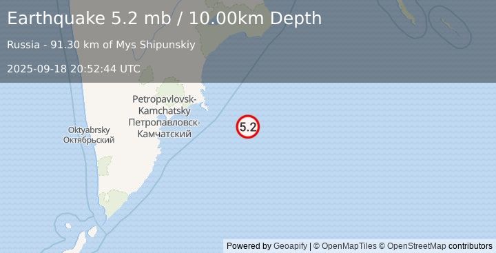 Earthquake 182 km E of Petropavlovsk-Kamchatsky, Russia (5.2 mb) (2025-09-18 20:52:44 UTC)