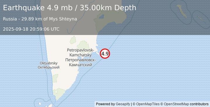 Earthquake 125 km E of Petropavlovsk-Kamchatsky, Russia (4.9 mb) (2025-09-18 20:59:06 UTC)