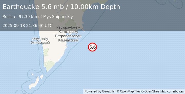 Earthquake 163 km ESE of Petropavlovsk-Kamchatsky, Russia (5.6 mb) (2025-09-18 21:36:40 UTC)