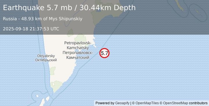 Earthquake 138 km E of Petropavlovsk-Kamchatsky, Russia (5.7 mb) (2025-09-18 21:37:53 UTC)