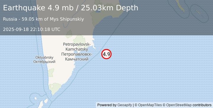 Earthquake 150 km E of Petropavlovsk-Kamchatsky, Russia (4.9 mb) (2025-09-18 22:10:18 UTC)