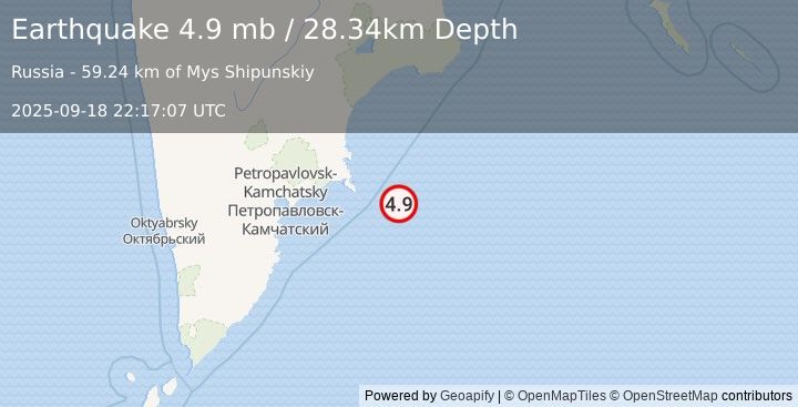 Earthquake 152 km E of Petropavlovsk-Kamchatsky, Russia (4.9 mb) (2025-09-18 22:17:07 UTC)