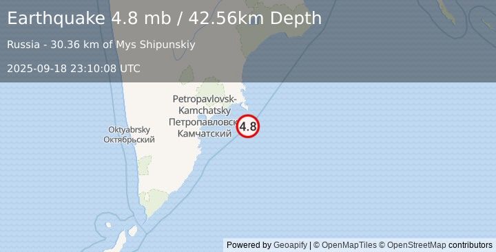 Earthquake 98 km ESE of Petropavlovsk-Kamchatsky, Russia (4.8 mb) (2025-09-18 23:10:08 UTC)