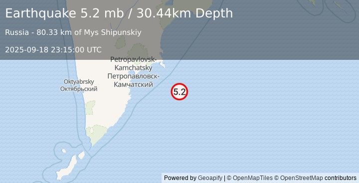 Earthquake 152 km ESE of Petropavlovsk-Kamchatsky, Russia (5.2 mb) (2025-09-18 23:15:00 UTC)