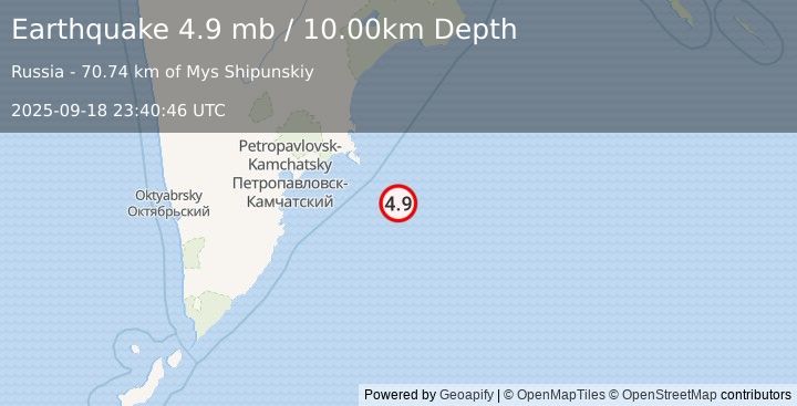 Earthquake 153 km ESE of Petropavlovsk-Kamchatsky, Russia (4.9 mb) (2025-09-18 23:40:46 UTC)