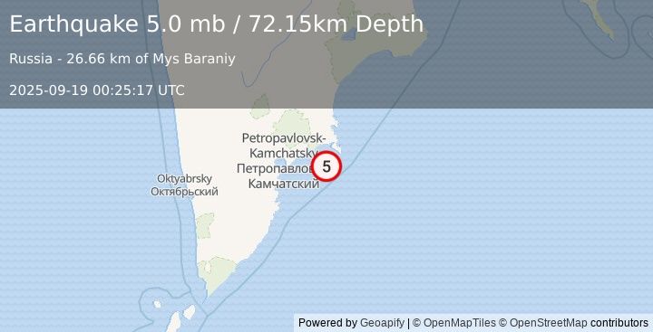 Earthquake 72 km ESE of Petropavlovsk-Kamchatsky, Russia (5.0 mb) (2025-09-19 00:25:17 UTC)