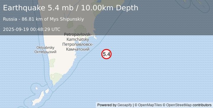 Earthquake 160 km ESE of Petropavlovsk-Kamchatsky, Russia (5.4 mb) (2025-09-19 00:48:29 UTC)