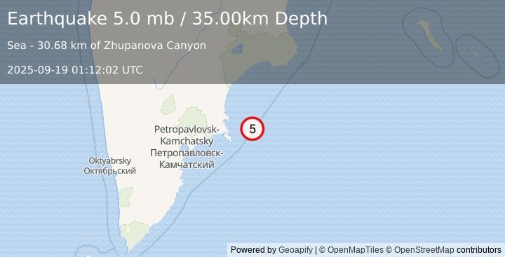 Earthquake 143 km ENE of Petropavlovsk-Kamchatsky, Russia (5.0 mb) (2025-09-19 01:12:02 UTC)