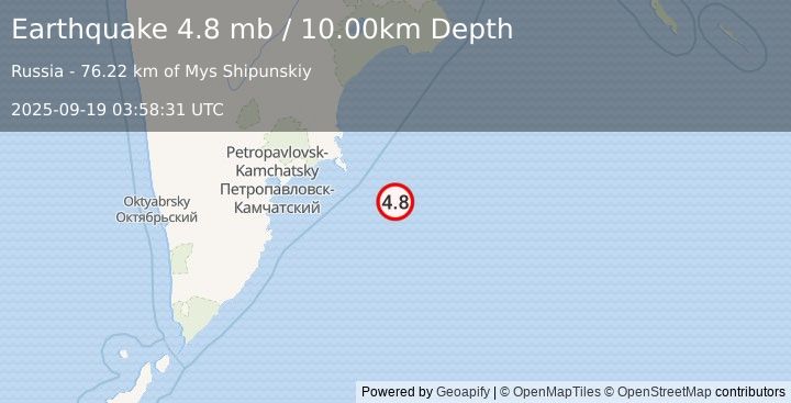 Earthquake 164 km ESE of Petropavlovsk-Kamchatsky, Russia (4.8 mb) (2025-09-19 03:58:31 UTC)