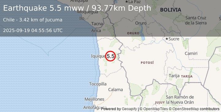 Earthquake 40 km ENE of La Tirana, Chile (5.5 mww) (2025-09-19 04:55:56 UTC)