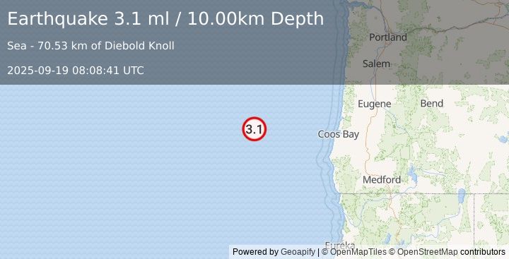 Earthquake 199 km W of Bandon, Oregon (3.1 ml) (2025-09-19 08:08:41 UTC)
