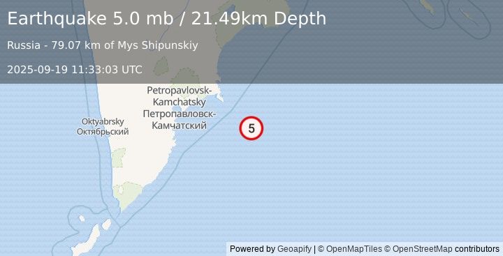 Earthquake 161 km ESE of Petropavlovsk-Kamchatsky, Russia (5.0 mb) (2025-09-19 11:33:03 UTC)