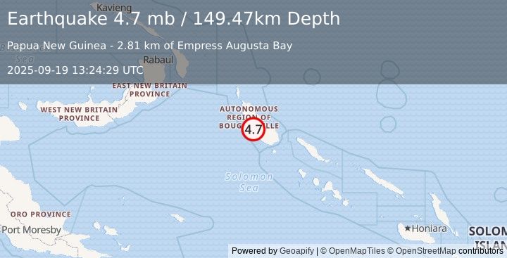 Earthquake 37 km W of Panguna, Papua New Guinea (4.7 mb) (2025-09-19 13:24:29 UTC)